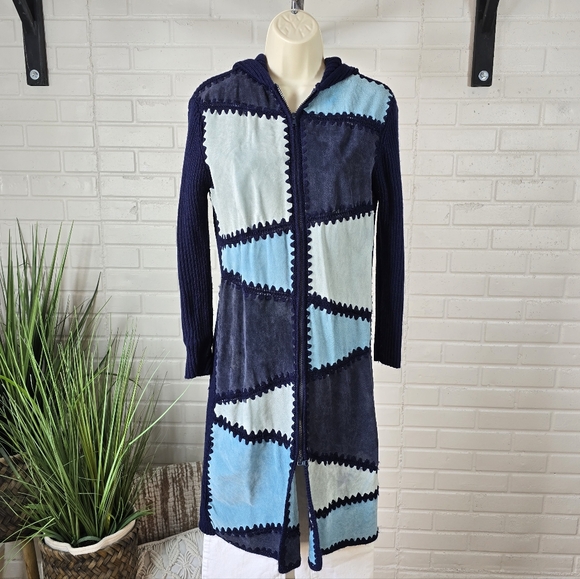 airport Sweaters - Vintage Airport Blue Suede Patchwork Knit Long Cardigan Medium